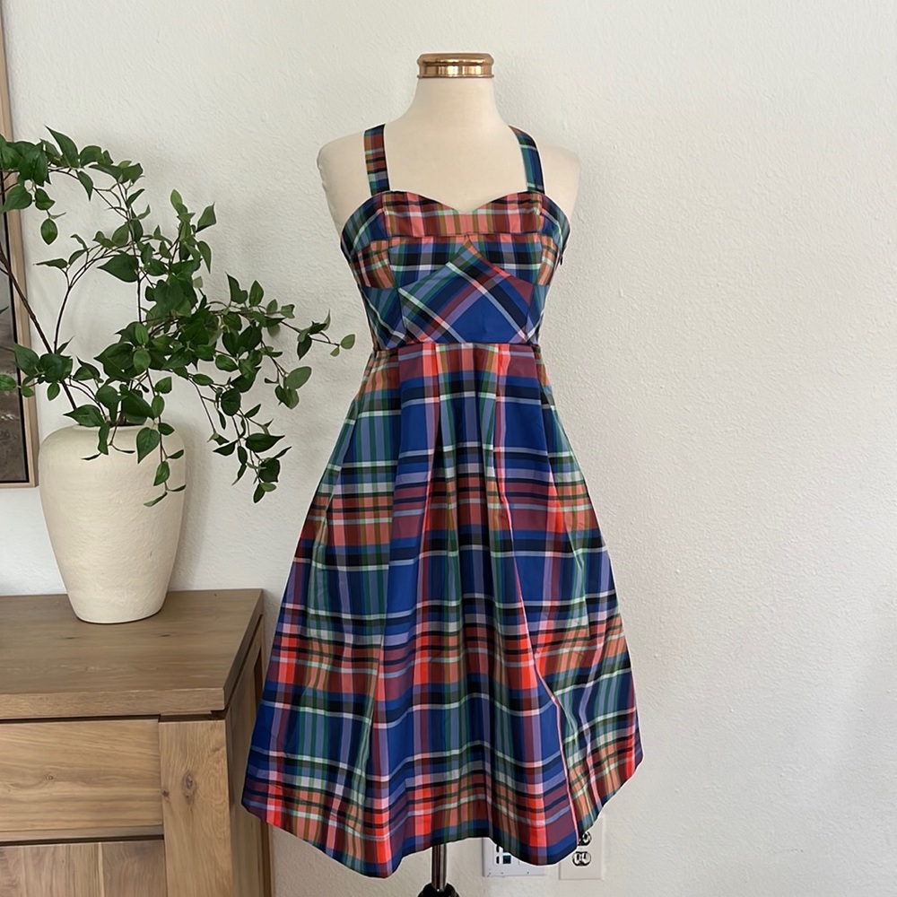 Anthropologie Maeve Plaid A-Line Silk Blend Mini Retro Dress - Picture 3 of 11